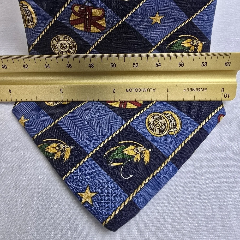 Tommy Hilfiger Fishing Themed Tie Blue Gold And Red Imported Silk Mens
